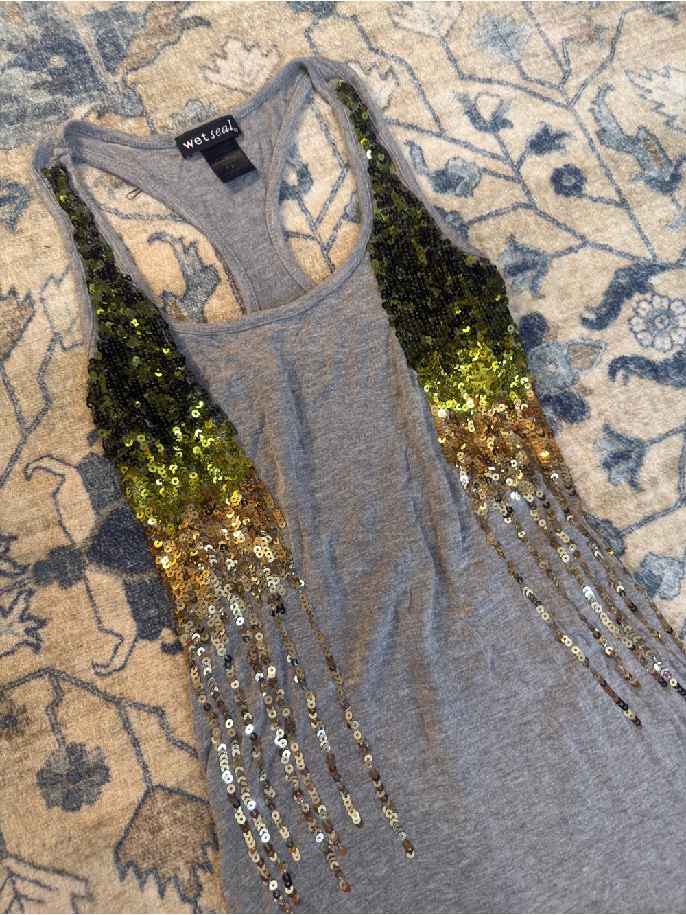 Wet Seal Gray Racerback Tank with Green and Gold Sequin Fringe